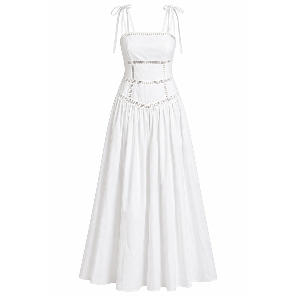 H&M White Cotton Tie Top Maxi Dress Lace Trim Smocked Back Small NEW